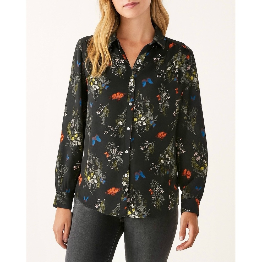 Worthington | Moody Floral Butterfly Pattern Top Long Sleeve Chemise Blouse